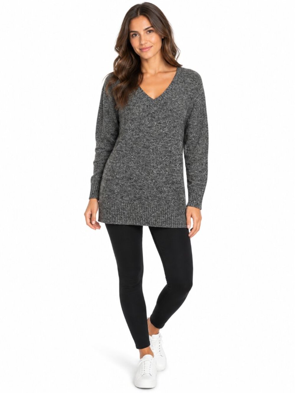 ATHLETA Vital V-Neck Tunic Sweater Wool Cashmere Grey Marled Knit 984613 Medium
